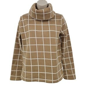 J.Crew Sweater Womens XS Tan White Windowpane Funnel Neck Pullover Fleece Lined